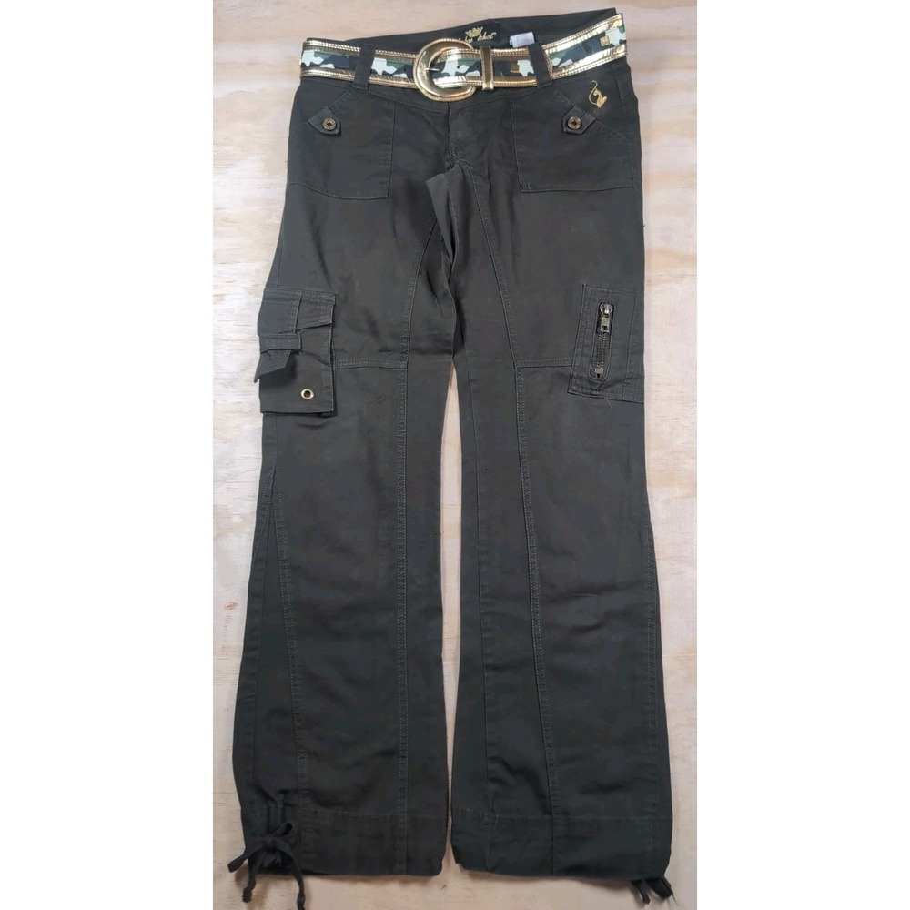 Vintage Y2K Baby Phat Cargo Jeans Pants SZ 9 Green W/ Camo Belt Rap Hip Hop